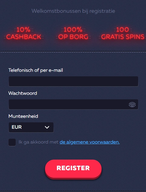 Registratieformulier van Vavada Casino met welkomstbonus, cashback en gratis spins