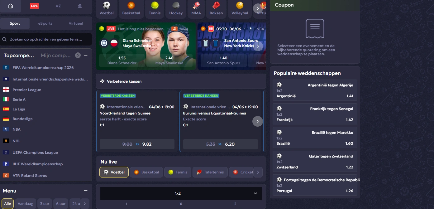 Vavada Sportsbook met live weddenschappen, sportmarkten en actuele quoteringen voor voetbal, tennis en basketbal.